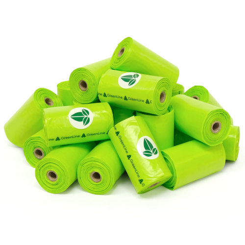 Individual, landfill biodegradable poop bags from Greenline Pet Supply, a woman-owned comapny