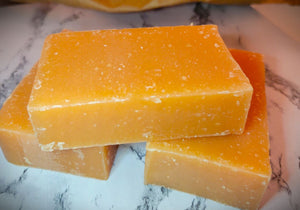 A close up of three bars of no-waste, vegan Citrus Sunshine soap from No Tox Life