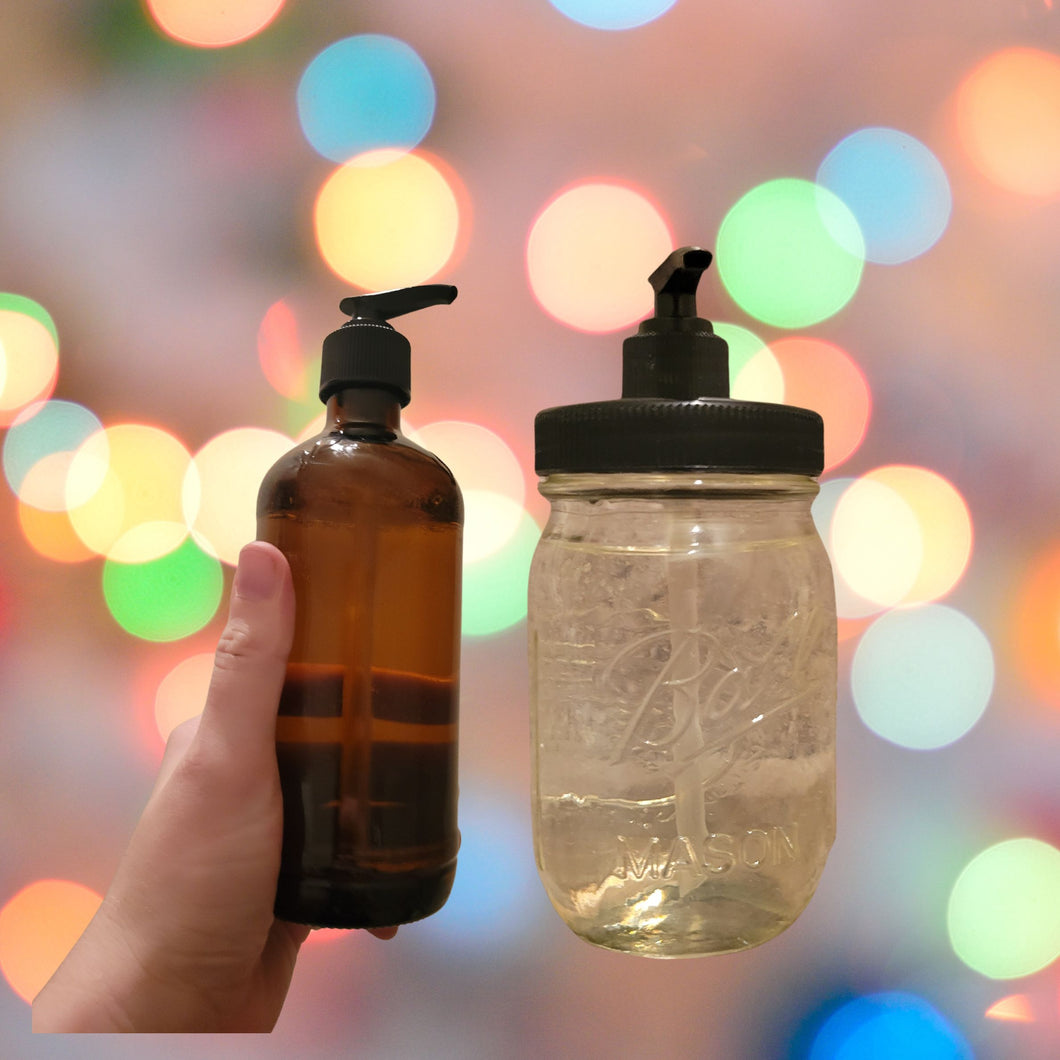 Prefilled glass jars with pumps, one with Rustic Strength Dish Soap, one with hand soap 