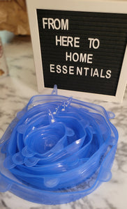 Six multi-sized, reusable, low-waste  blue silicone bowl covers.