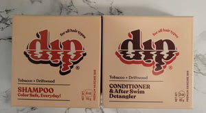 Salon-quality shampoo and conditioner bars from Dip in a gender-neutral scent: tobacco and driftwood