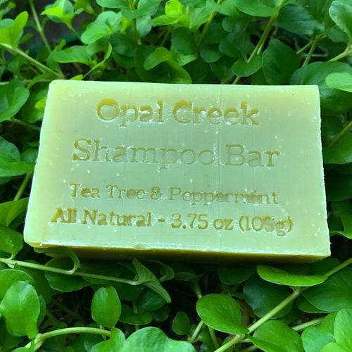 A green shampoo bar is stamped 
